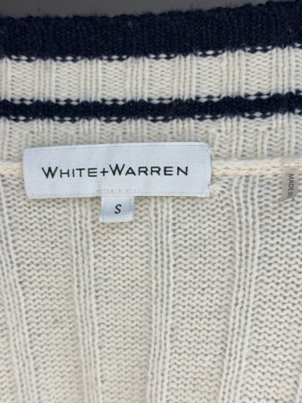 White + Warren Cream V-Neck Sweater with Navy Double-Stripe Trim - Picture 7 of 8